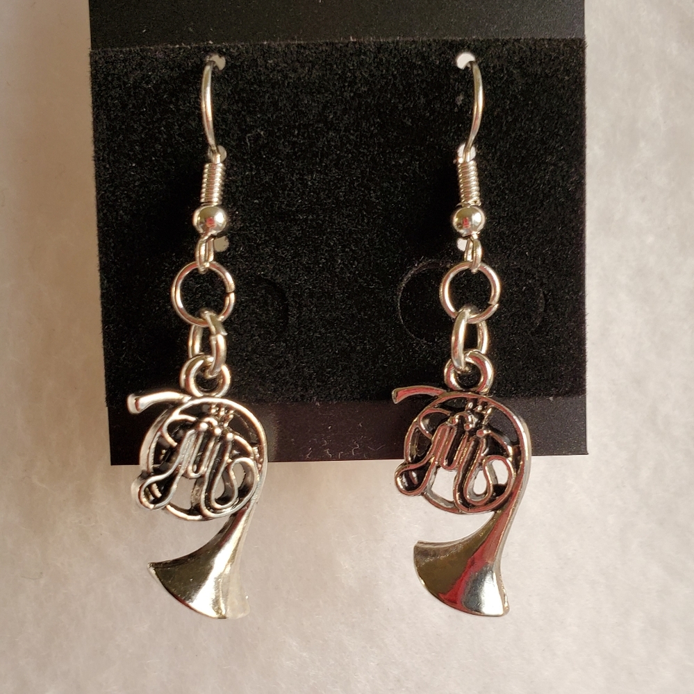 Womens silver French horn hook earrings